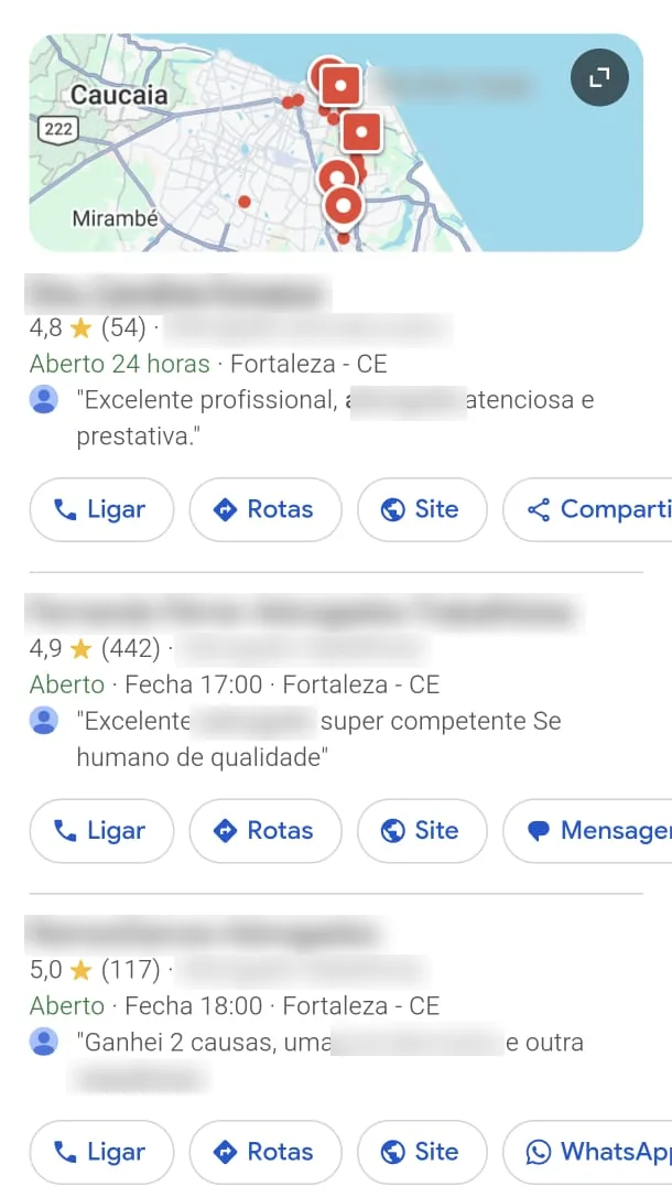 Os três negócios que aparecem no mapa do Google, com estrelas, número de avaliações, horário e botões de contato