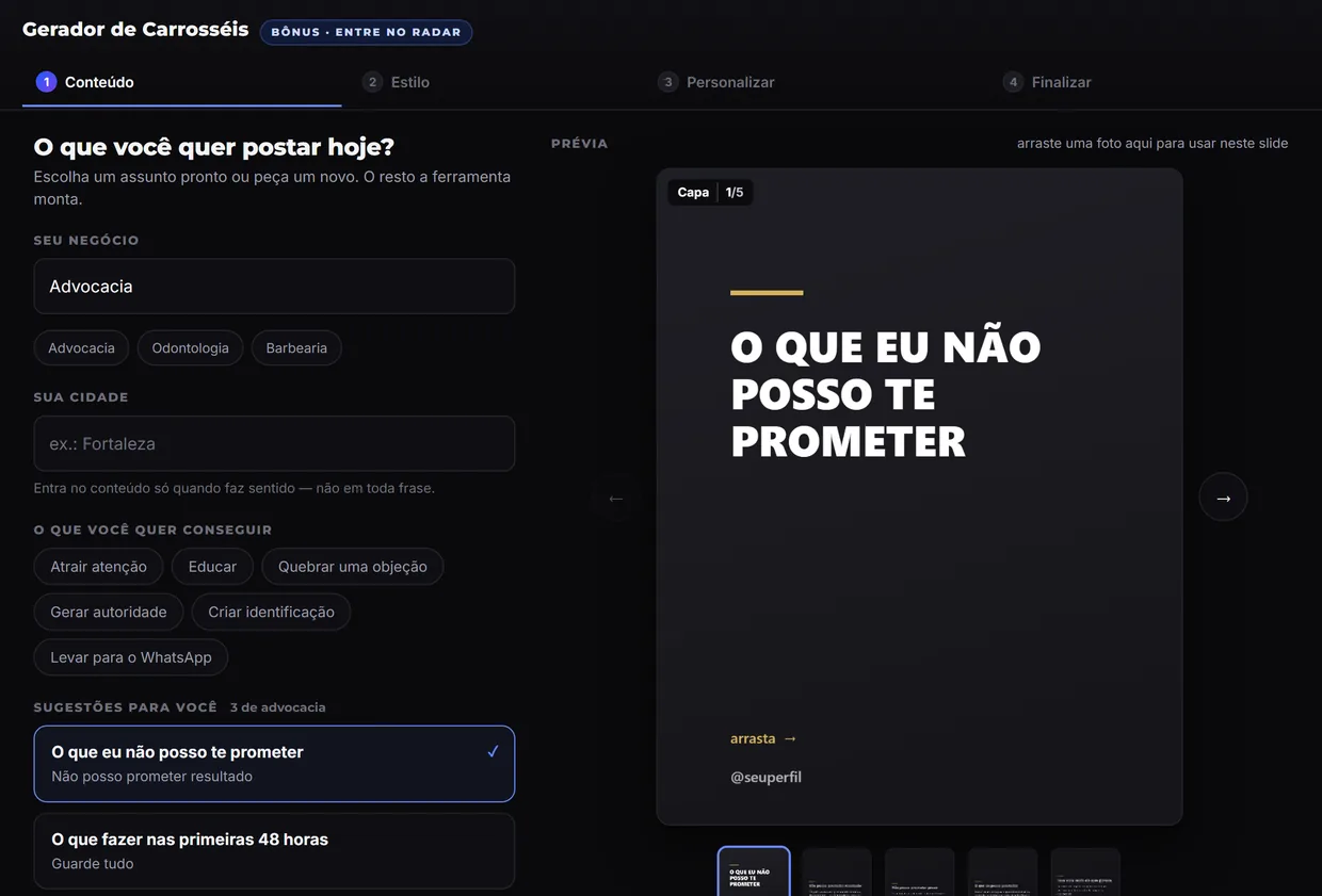 O Gerador de Carrosséis aberto, com o tema escolhido à esquerda e os cinco slides montados na prévia