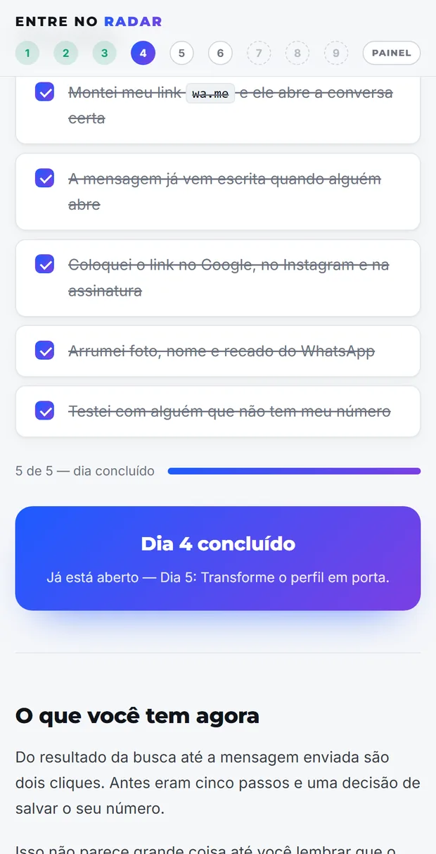 Checklist do dia com os cinco itens marcados e a faixa Dia 4 concluído