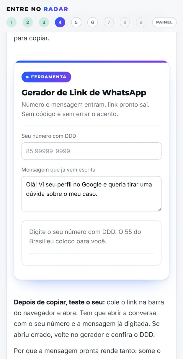 Tela do Dia 4 do desafio, com o Gerador de Link de WhatsApp aberto dentro da página