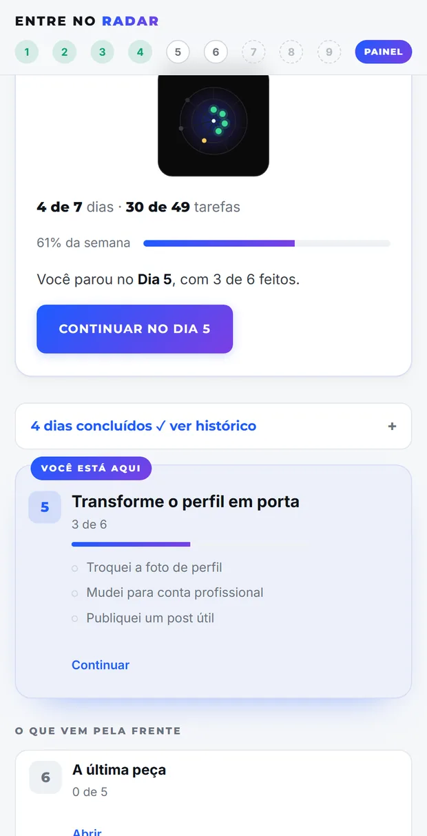 Painel do desafio com o radar da semana, a contagem de dias e o botão de continuar